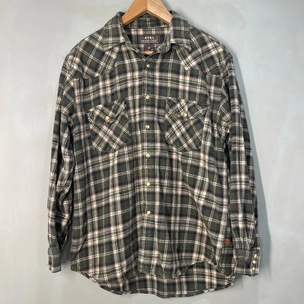 Moose Creek Pearl Snap Flannel Shirt Men’s Medium Thick Heavyweight 100% Cotton